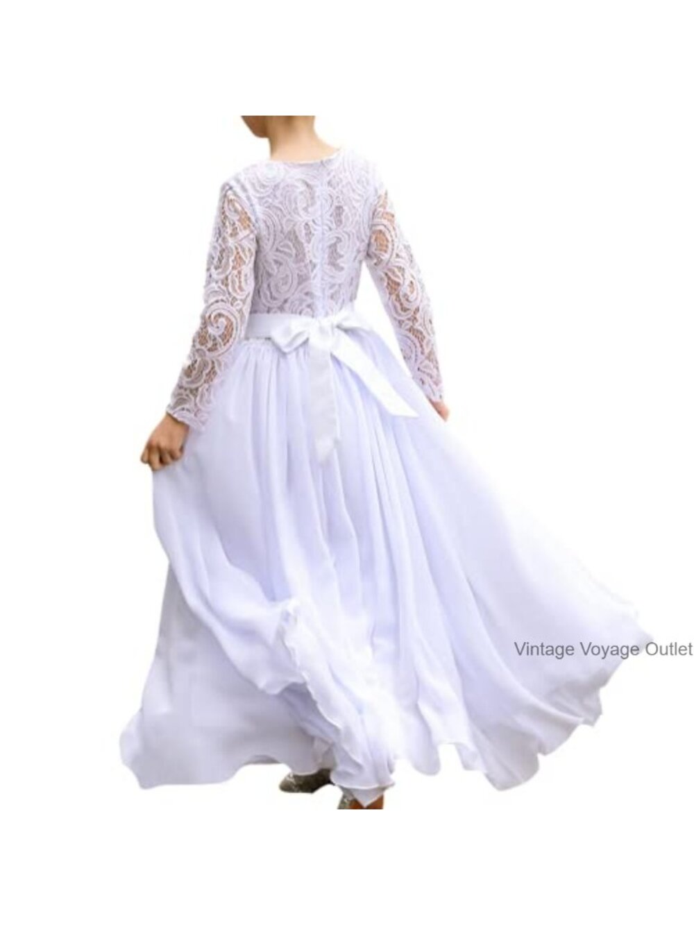 Girls Boho Chiffon A-line Maxi Dress Long Sleeve First Communion Lace Embroidery